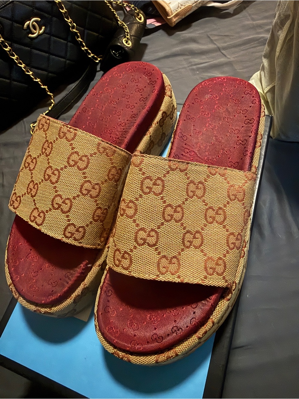 Gucci Beige GG Canvas Slides with Red Footbed